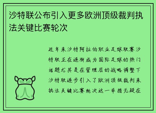沙特联公布引入更多欧洲顶级裁判执法关键比赛轮次